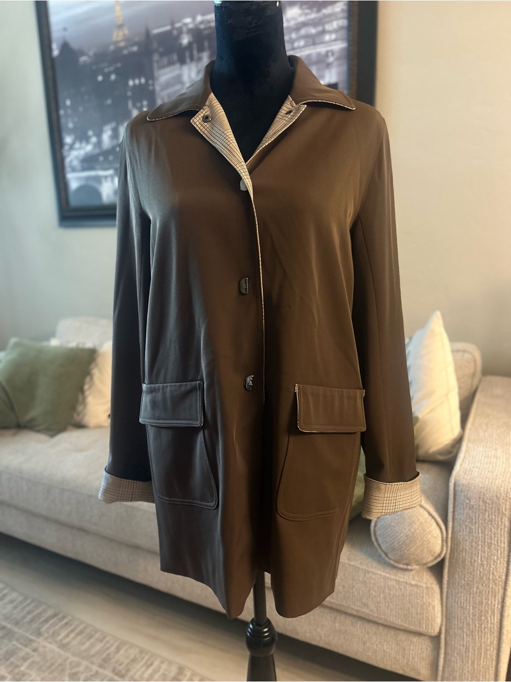 LAipose Brown Coat with Check-Trim Collar & Cuffs